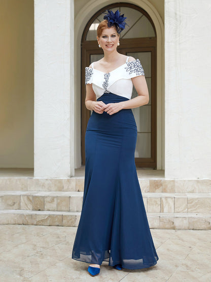 Spaghetti Straps Applique Two-Toned Dress Navy Blue
