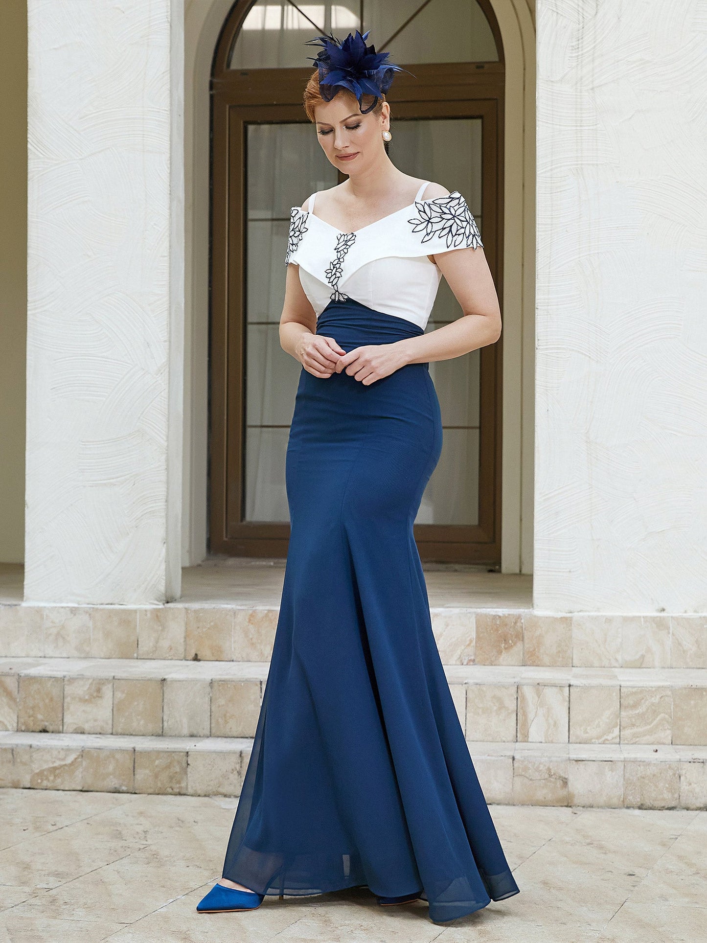 Spaghetti Straps Applique Two-Toned Dress Navy Blue