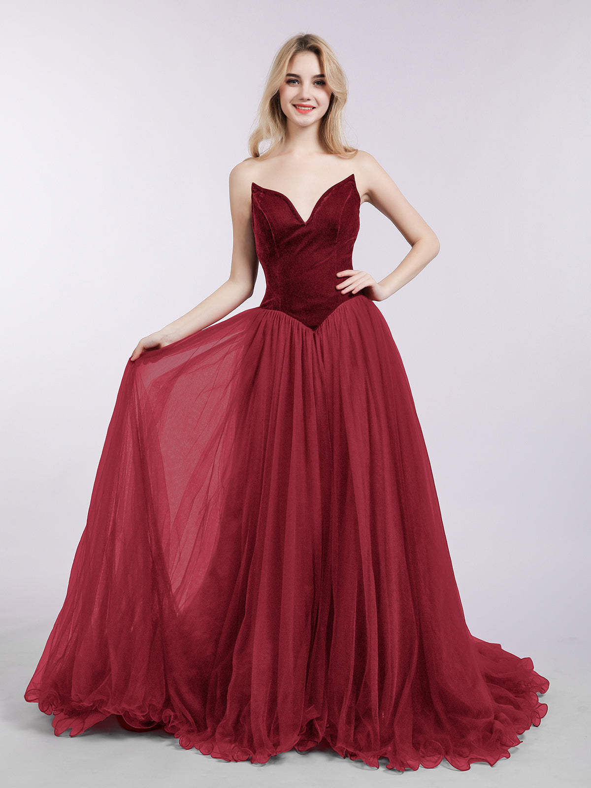 Sweetheart Neck Tulle Dress with Train-Burgundy