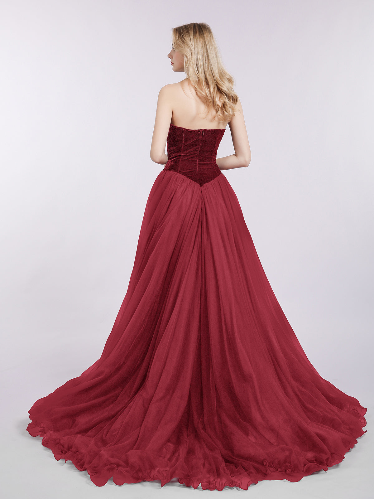 Sweetheart Neck Tulle Dress with Train-Burgundy