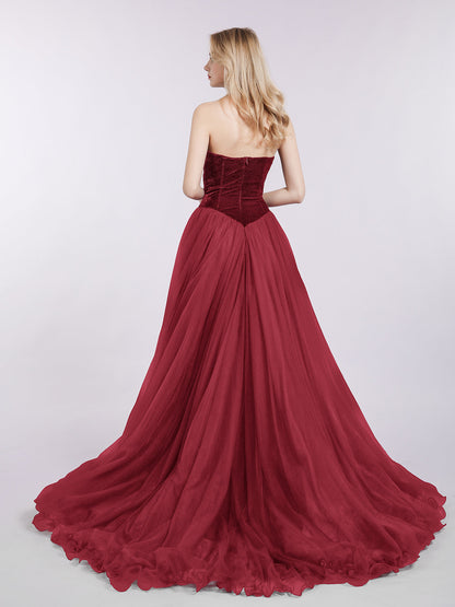 Sweetheart Neck Tulle Dress with Train-Burgundy