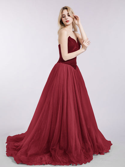 Sweetheart Neck Tulle Dress with Train-Burgundy