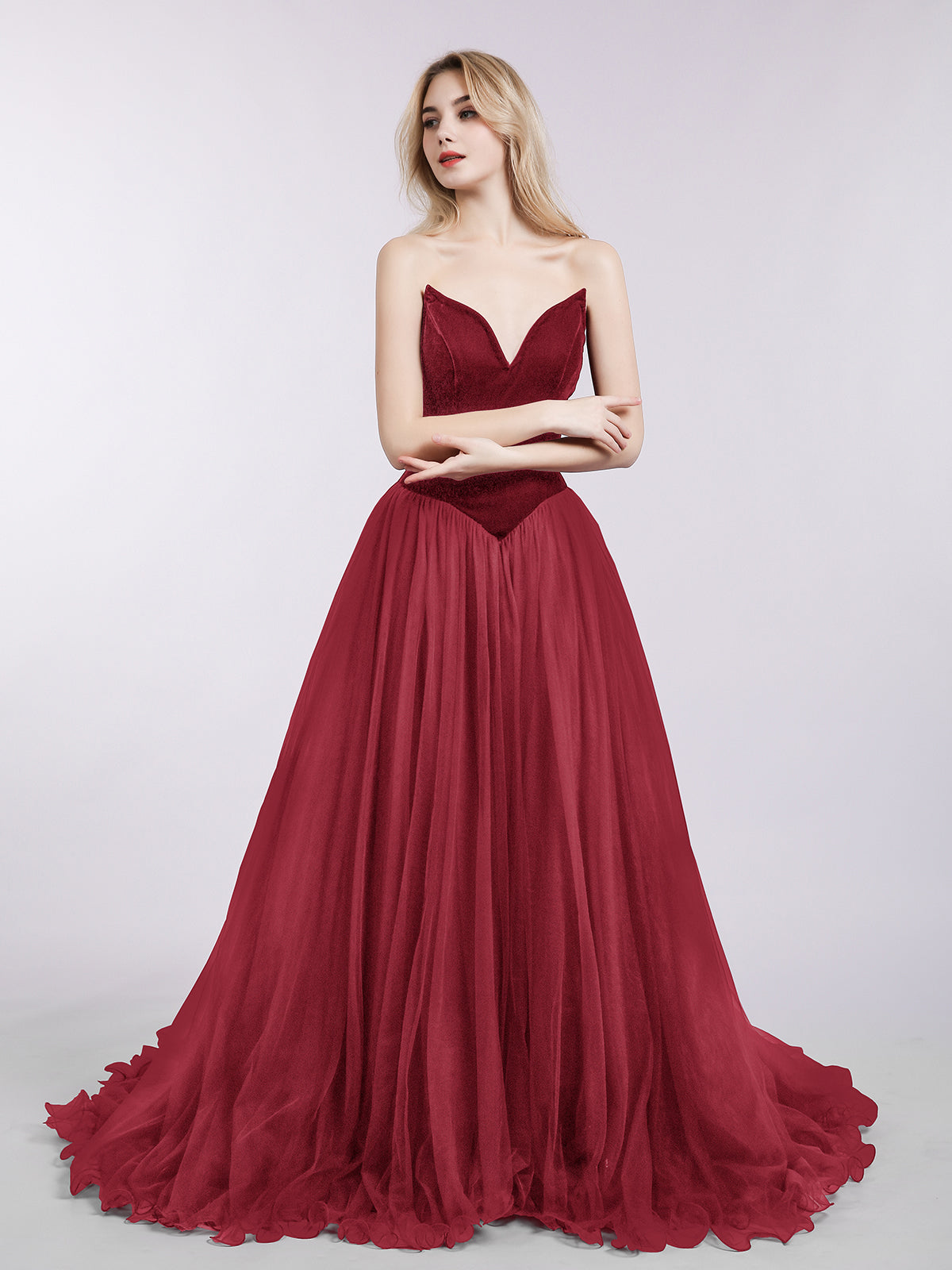 Sweetheart Neck Tulle Dress with Train-Burgundy