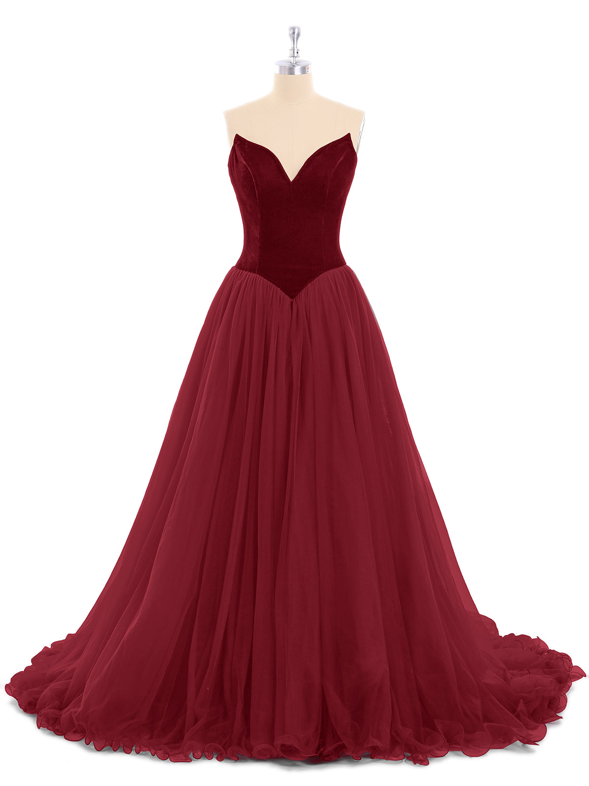 Sweetheart Neck Tulle Dress with Train-Burgundy