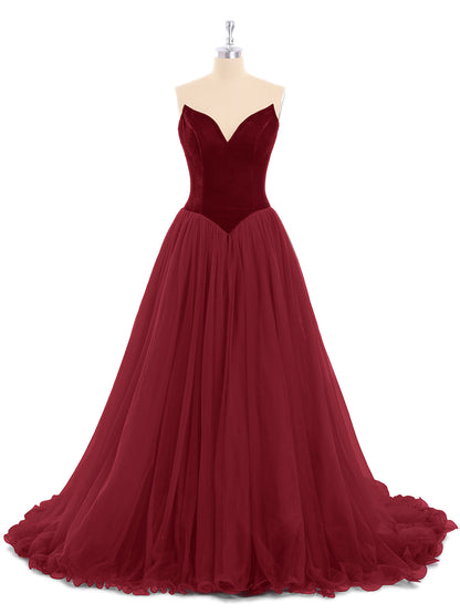Sweetheart Neck Tulle Dress with Train-Burgundy
