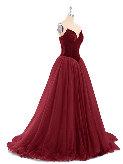 Sweetheart Neck Tulle Dress with Train-Burgundy