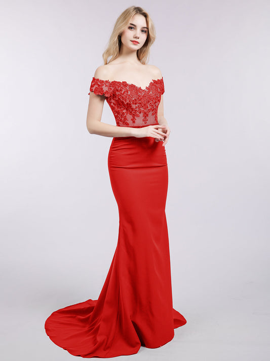 Off Shoulder Mermaid Gown with Train-Red