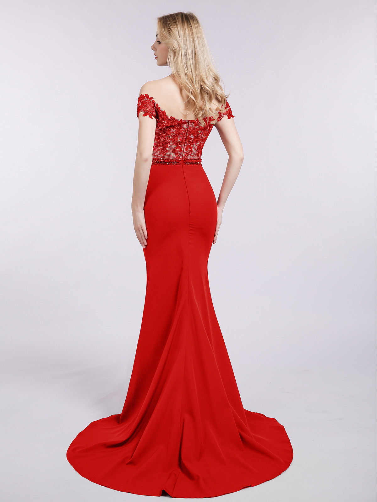 Off Shoulder Mermaid Gown with Train-Red