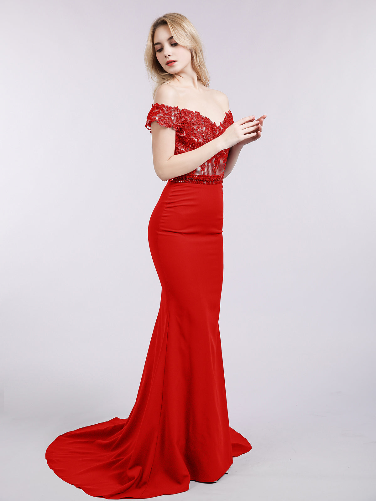 Off Shoulder Mermaid Gown with Train-Red