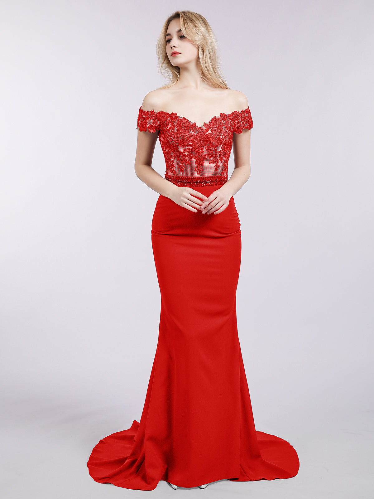 Off Shoulder Mermaid Gown with Train-Red