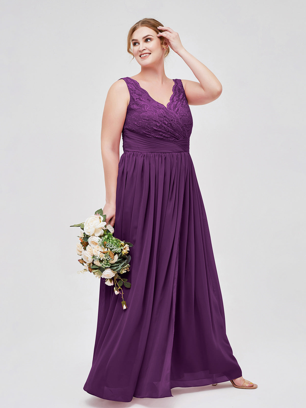 V Neck Chiffon And Lace Dress with Slit Grape Plus Size