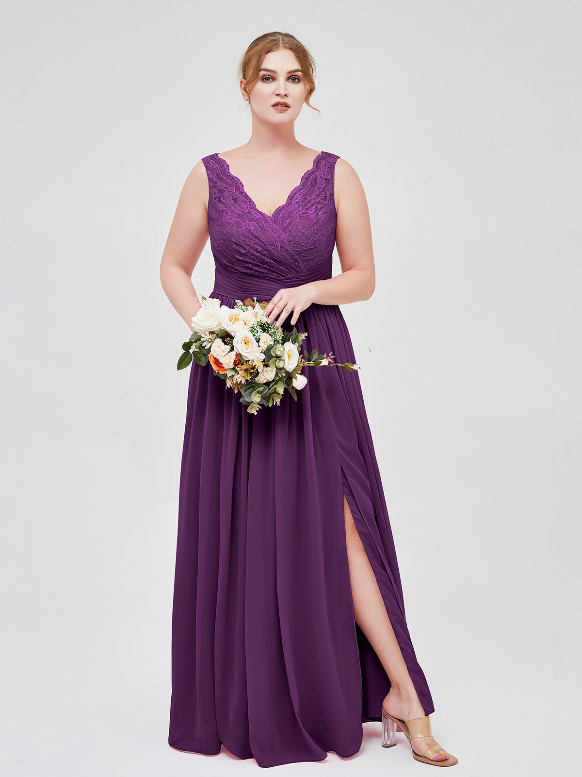 V Neck Chiffon And Lace Dress with Slit Grape Plus Size