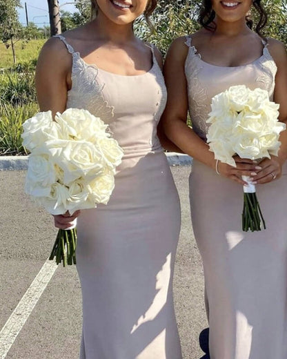 Mermaid Nude Satin Bridesmaid Dresses Applique