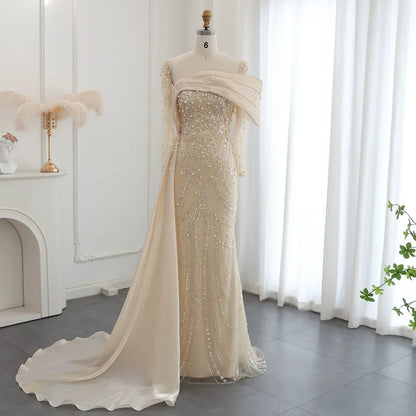Vintage Shiny Beaded Long-sleeve Mermaid Long Prom Dress Evening Dress HZ1024
