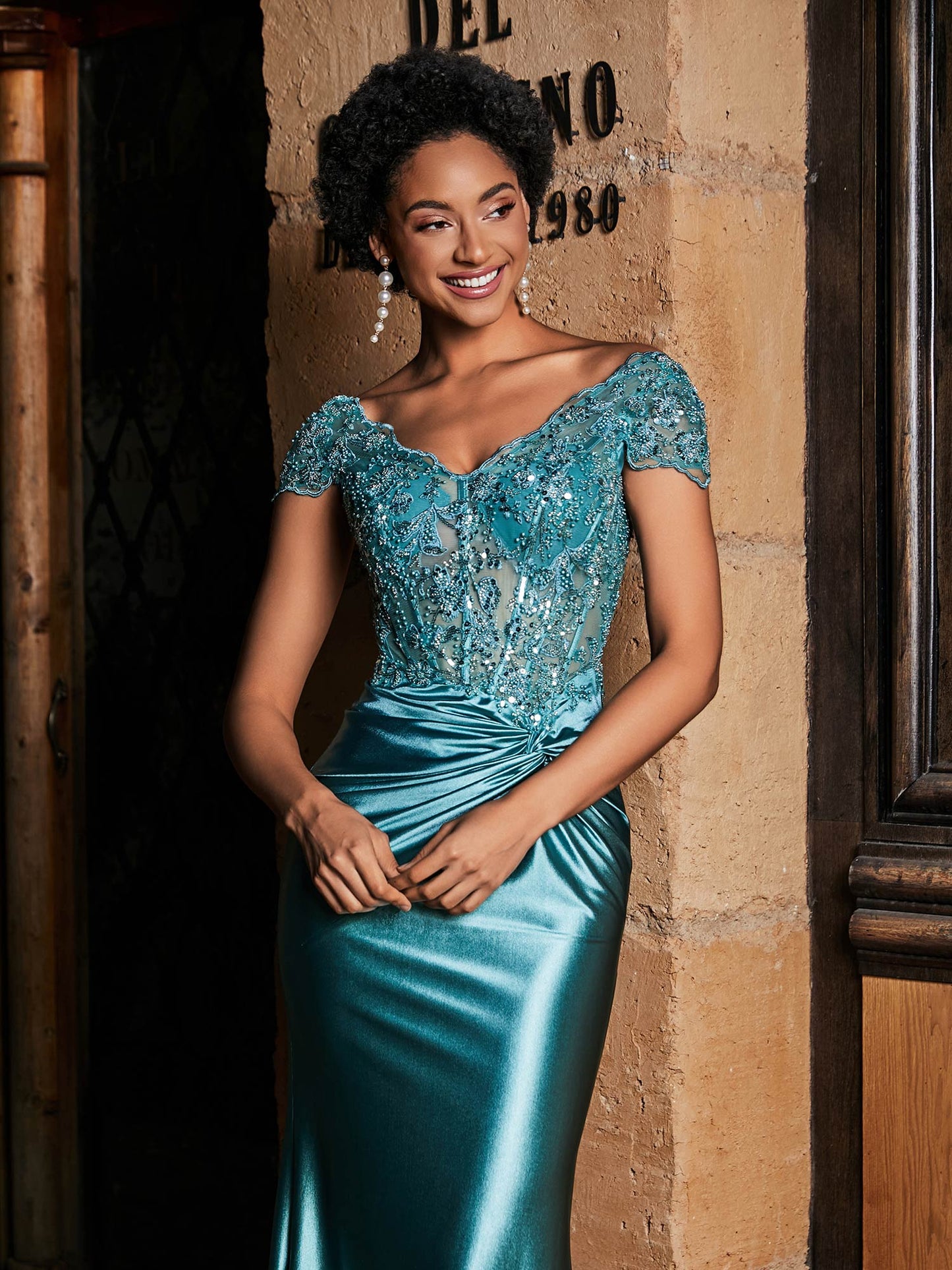 Beaded Corset Bodice Mermaid Satin Gown Jade