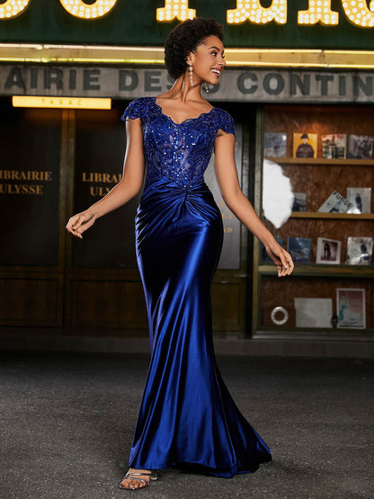 Beaded Corset Bodice Mermaid Satin Gown Royal Blue