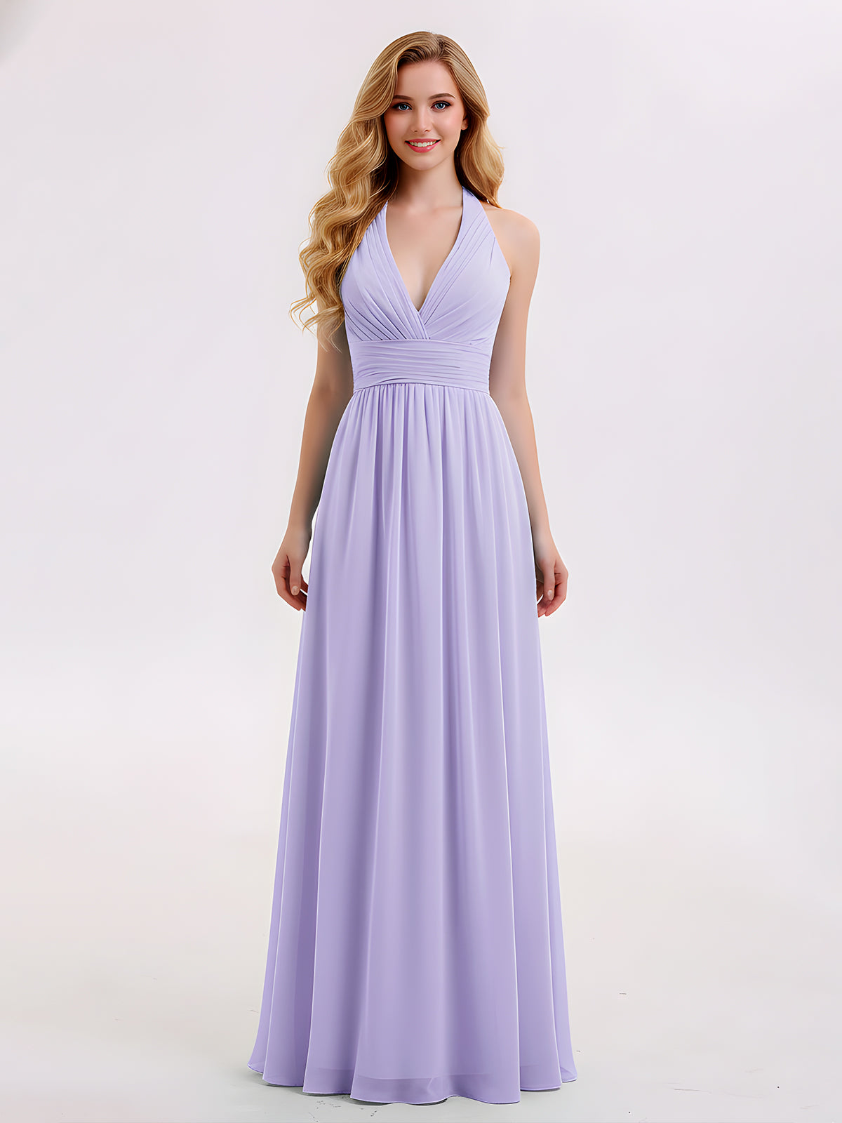 Halter V Neck Chiffon Bridesmaid Gown-Lilac