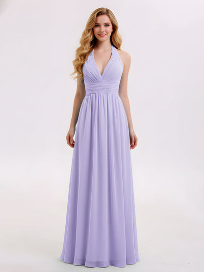 Halter V Neck Chiffon Bridesmaid Gown-Lilac