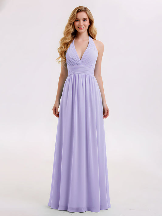 Halter V Neck Chiffon Bridesmaid Gown-Lilac