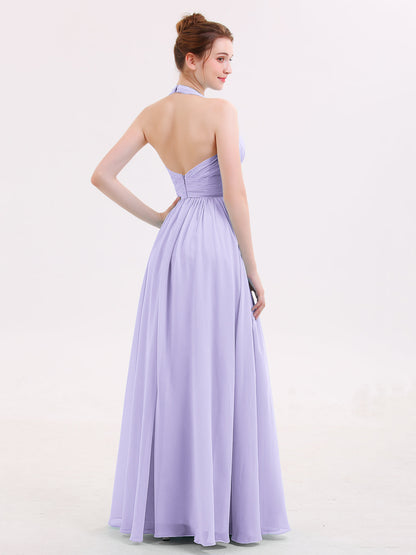Halter V Neck Chiffon Bridesmaid Gown-Lilac
