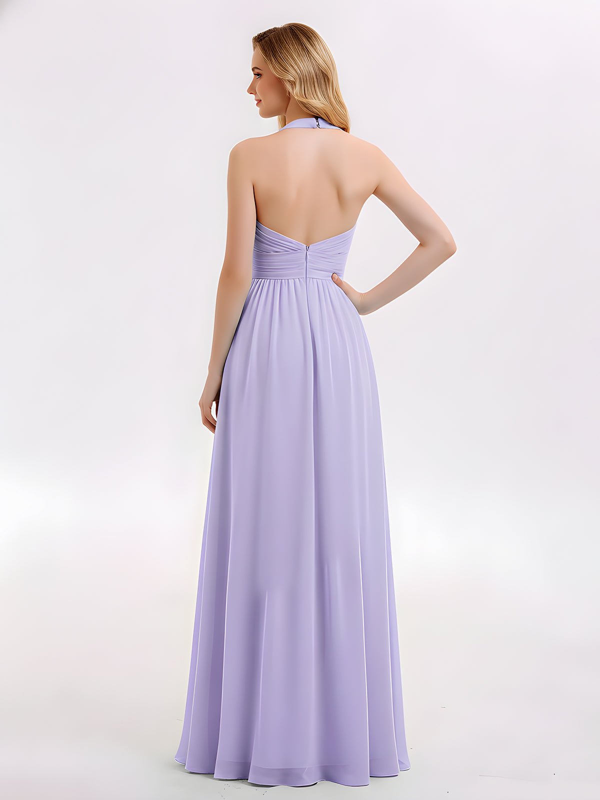 Halter V Neck Chiffon Bridesmaid Gown-Lilac