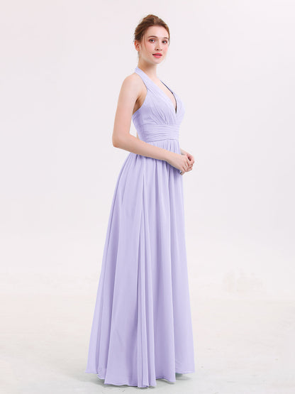 Halter V Neck Chiffon Bridesmaid Gown-Lilac