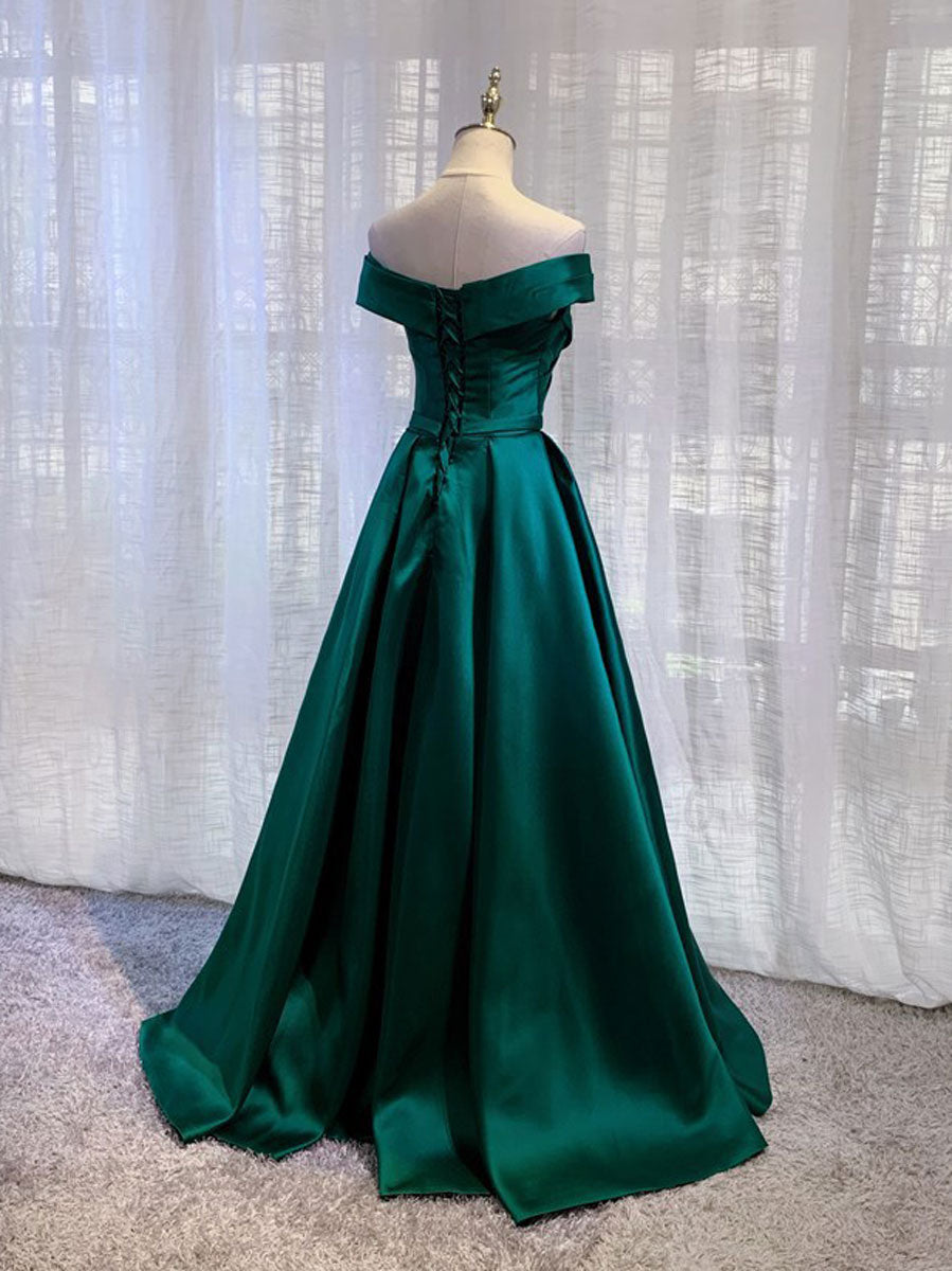 A-Line Off Shoulder Satin Green Long Prom Dress, Green Long Formal Dress