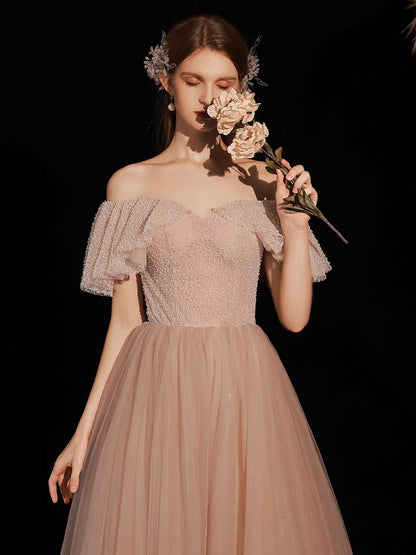 Pink Tulle A-Line Long Prom Dress, Pink Long Formal Dress