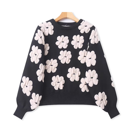 New Autumn/Winter French Style Jacquard Long-Sleeved Sweater for Women: Elegant, Loose-Fitting, and Slimming Knitwear 11382