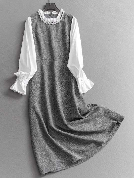 Pearl-embellished ruffled collar, color-blocked design, bell sleeves, French chic style, faux two-piece long-sleeved dress 11310