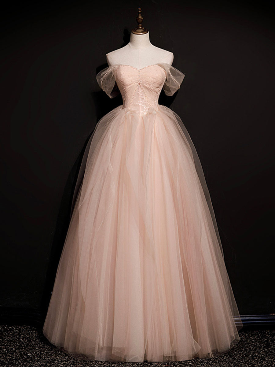 Pink  off shoulder long prom dress, pink tulle formal evening dress