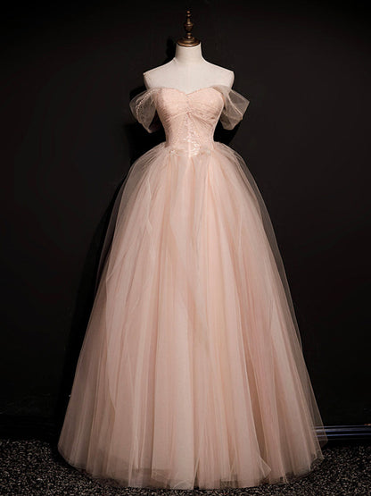 Pink  off shoulder long prom dress, pink tulle formal evening dress