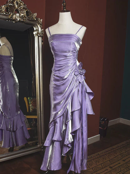 Blue shiny stylish elegant spaghetti straps long satin ball gown evening dress party dress gh3489