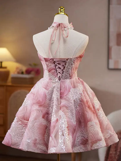 Pink fluffy sweet girl short prom dress homecoming dress party birthday party tube top princess dress gh4605