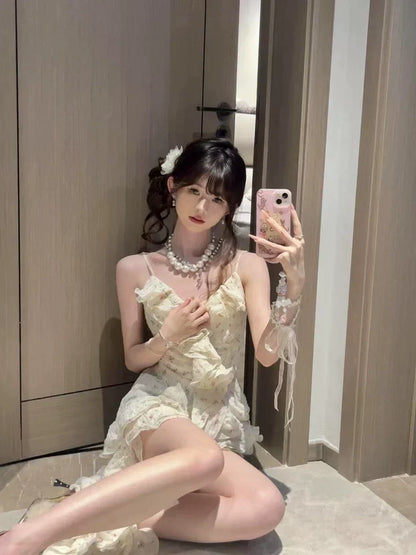 Fashion Irregular Ruffled Floral Design A-line Sleeveless Spaghetti Strap Dress HZ1024
