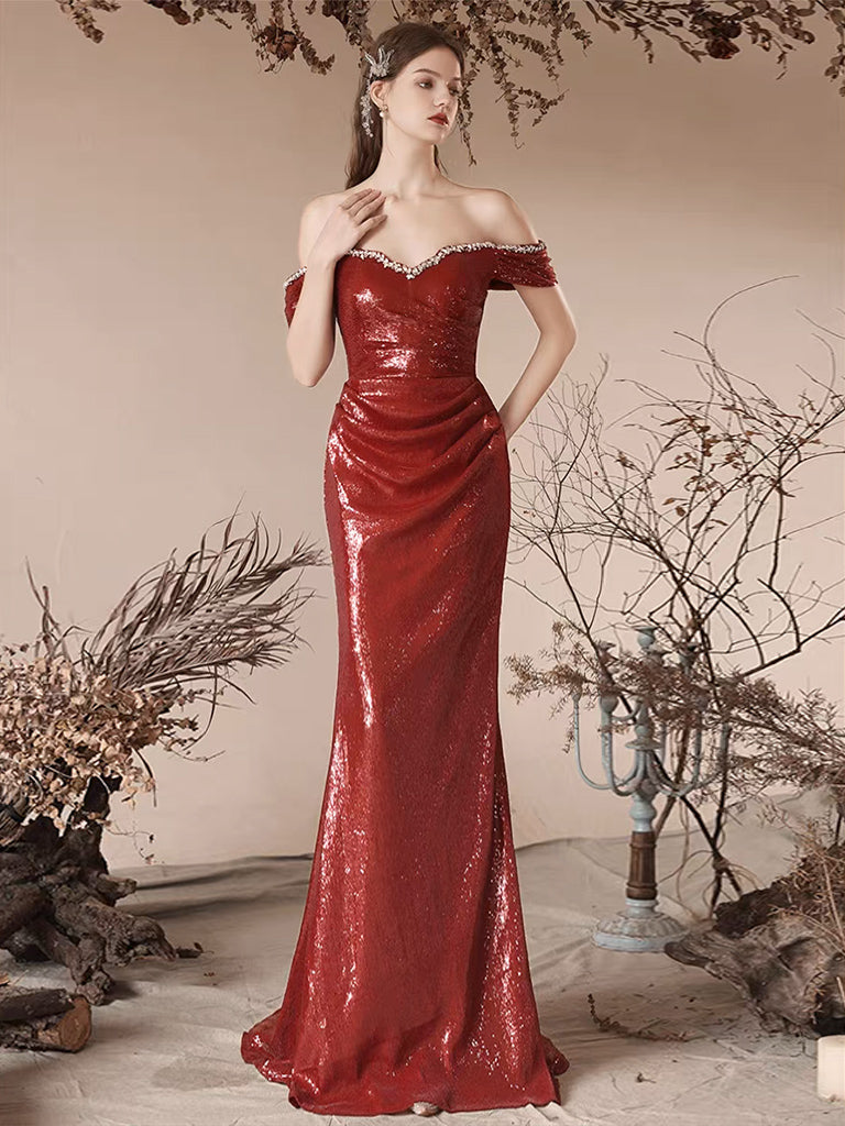 Simple Off Shoulder Sequin Mermaid Burgundy Long Prom Dress, Sequin Long Evening Dress