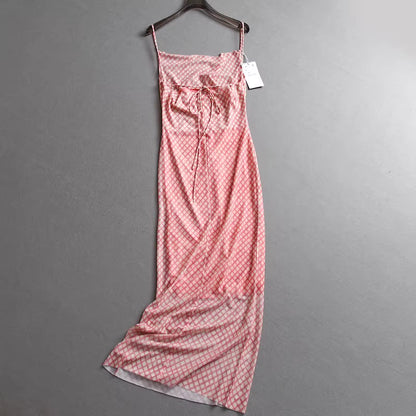 Plaid slim-fit bodycon skirt, mesh skirt, off-shoulder style, summer new style suspender dress for women  11297