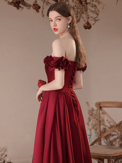 A-Line Burgundy Satin Long Prom Dresses, Burgundy Formal Evening Dresses