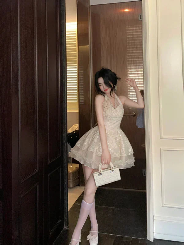 Vintage Ivory Lace A-Line Homecoming Dress Sequin Party Dress Short Halter-neck Cocktail Dress HZ1024
