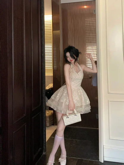 Vintage Ivory Lace A-Line Homecoming Dress Sequin Party Dress Short Halter-neck Cocktail Dress HZ1024
