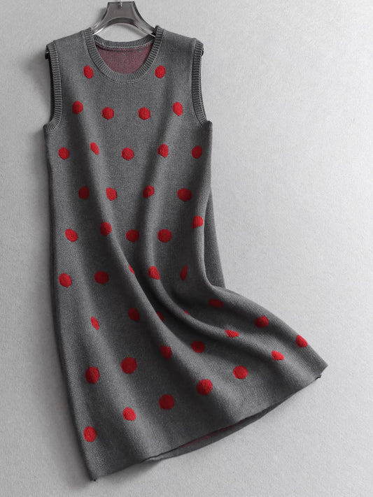 Color-blocked polka dot slimming round neck sleeveless knit sweater dress, gentle and youthful vest dress for women. 11305