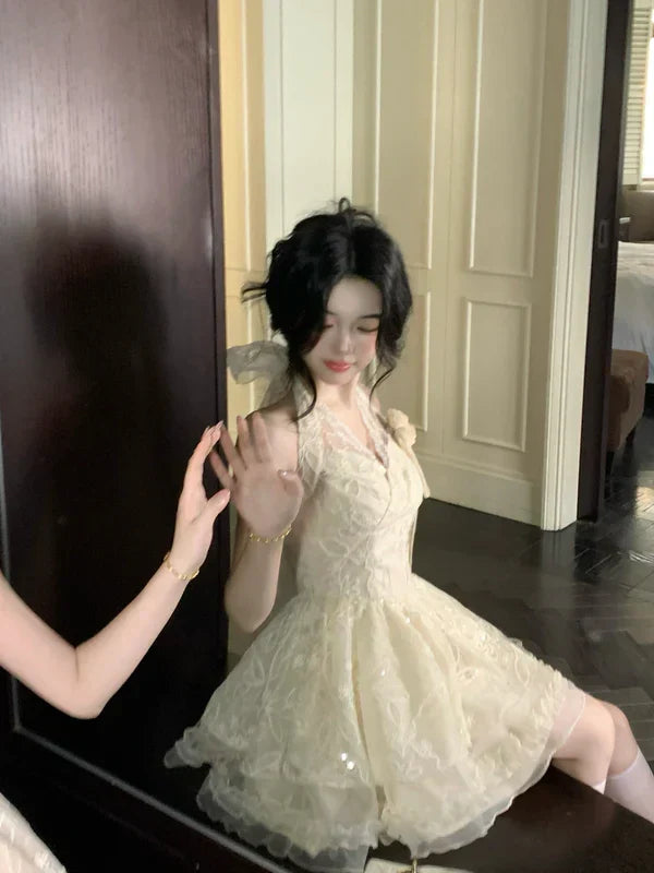 Vintage Ivory Lace A-Line Homecoming Dress Sequin Party Dress Short Halter-neck Cocktail Dress HZ1024
