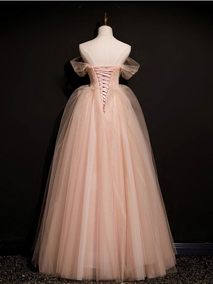 Pink  off shoulder long prom dress, pink tulle formal evening dress