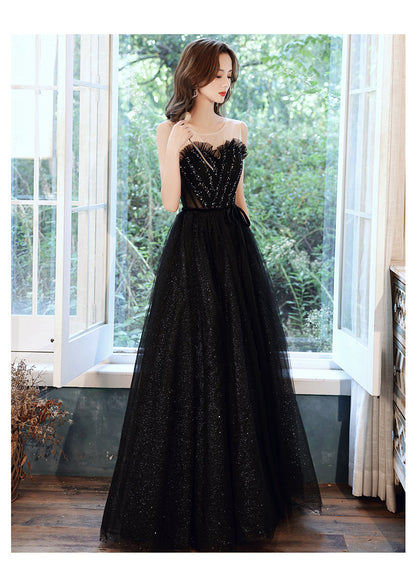 Black sweetheart neck tulle sequin beads long prom dress