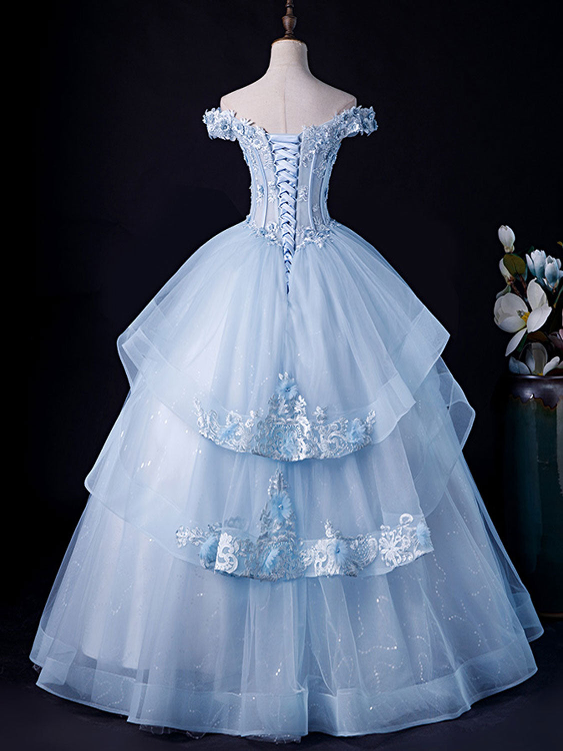 A-Line Off Shoulder Lace Tulle Blue Long Prom Dress, Blue Sweet 16 Dress