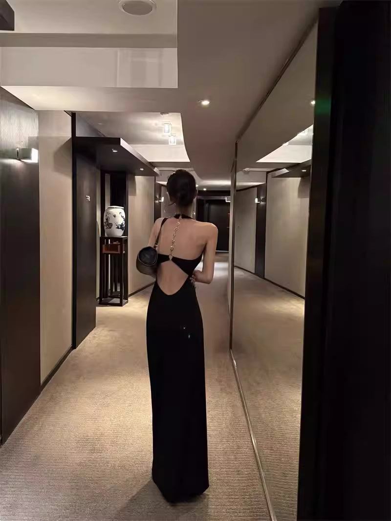 Contrasting Style Backless Dress Women's Summer Slim Fit Long Dress Black High-End Elegant Skirt Bodycon Skirt  11450