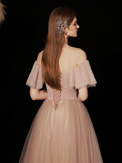 Pink Tulle A-Line Long Prom Dress, Pink Long Formal Dress