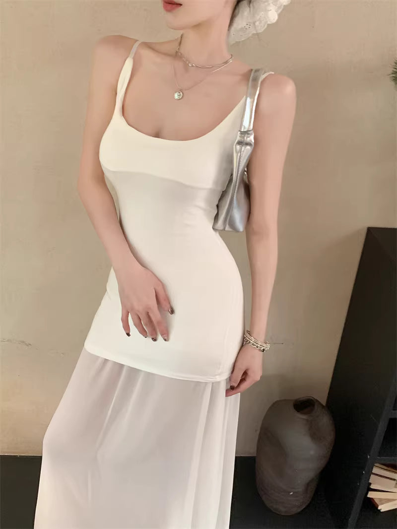 French-style white mesh slip dress, new spring style, elegant and sophisticated, petite and fitted long dress.  11454