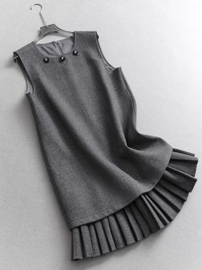 Sequined beaded round neck pleated sleeveless faux two-piece vest dress, slimming layered woolen dress  11296