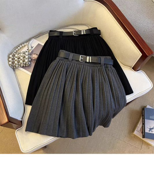 High-waisted slimming knitted pleated A-line mini skirt for petite women, perfect for spring. 11444